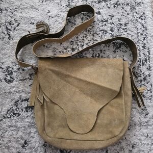 Vintage Suede Leather Hand Stitched Crossbody Flap Bag Tan Boho Western Rodeo